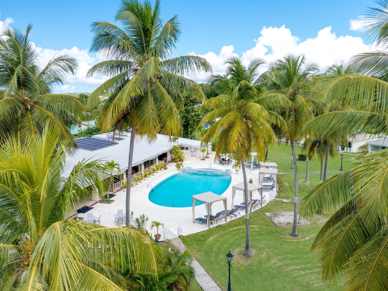 Aerial view pool and cabanas